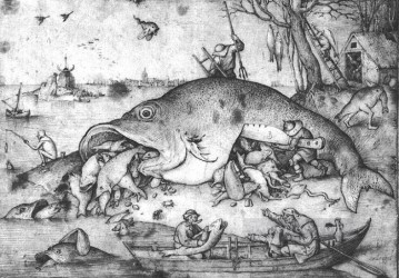 ピーテル・ブリューゲル長老 Painting - 大きな魚は小さな魚を食べる フランドルのルネサンス農民ピーテル・ブリューゲル長老